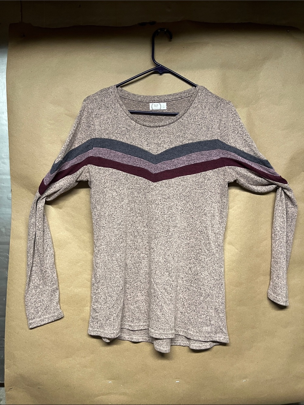 Neutral Chevron-Stripe Long Sleeve Tee with Berry Accent